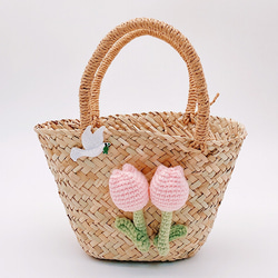 かごバッグ トートバッグ 花チューリップ手作りハンドバッグ かわいいホリデー旅行ビーチ サマーバッグ 編みバッグ 1枚目の画像