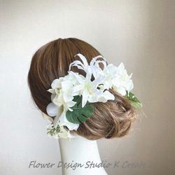 清楚な白いプルメリアと紫陽花のヘッドドレス　ウェディング　白　ホワイト　リゾ婚　紫陽花　プルメリア　清楚　結婚式 4枚目の画像