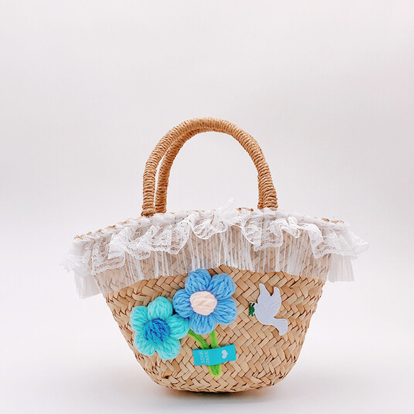 かごバッグ トートバッグ 花レース手作りハンドバッグ かわいいホリデー旅行ビーチ サマーバッグ 編みバッグ 10枚目の画像