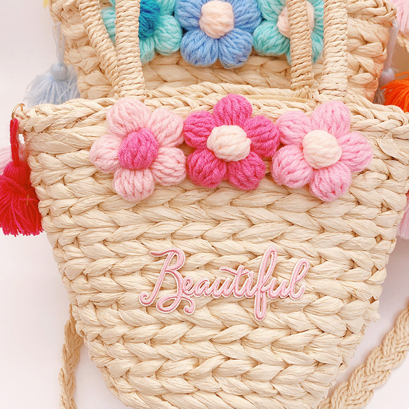 かごバッグ トートバッグ パフフラワー手作りハンドバッグ かわいいホリデー旅行ビーチ サマーバッグ 編みバッグ 8枚目の画像