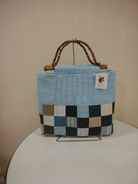 小千谷縮みの市松接ぎピンタックバッグ◆送料サービス