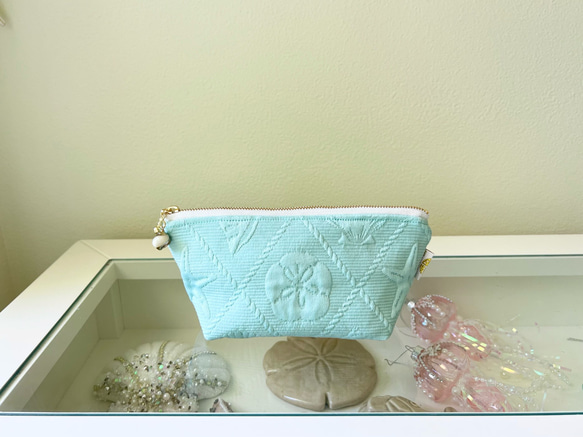 ポーチ 21×10×8cm スターフィッシュ サンドダラー エンボス生地 ミント
