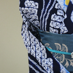 ◇現代 有松鳴海絞　浴衣◇【濃紺　水色　黄】優しい桔梗に黄色が幻想的な蛍のようにアクセント　スモールサイズ裄67ｃｍ 14枚目の画像