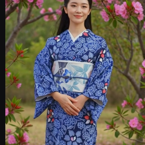 ◇現代 有松鳴海絞 浴衣◇【紺 朱他】細かい花柄の小紋模様 小柄な方に