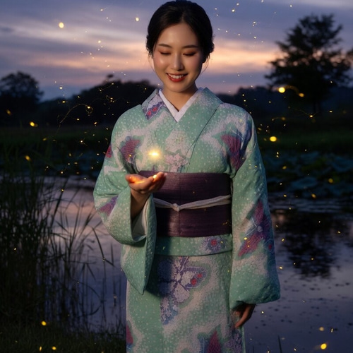 くるみ　浴衣　有松鳴海絞り　美品 ◇現代 有松鳴海絞 浴衣◇【ミントグリーン】薄羽の蝶が舞う幻想的な