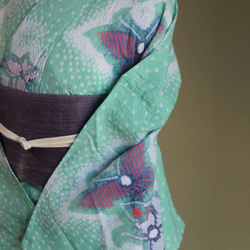 ◇現代 有松鳴海絞　浴衣◇【ミントグリーン】薄羽の蝶が舞う幻想的な雰囲気　トールサイズ裄72ｃｍ袖長め木綿浴衣　 8枚目の画像