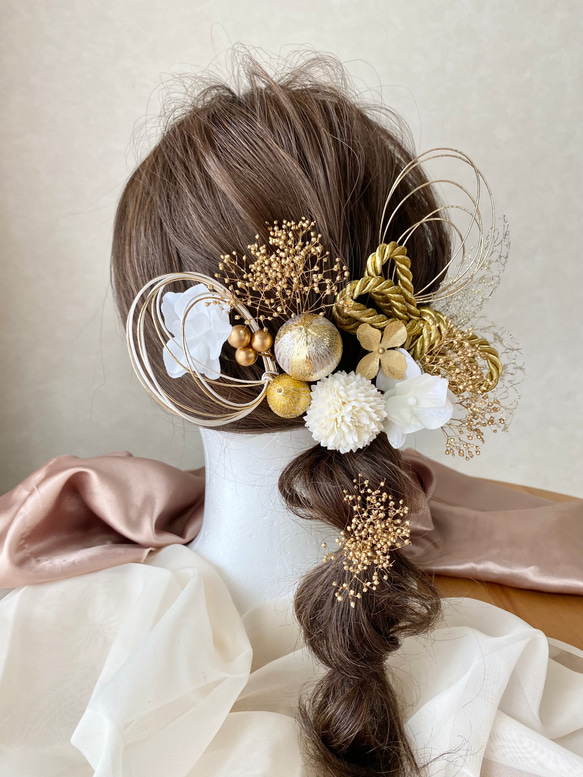 WG12 卒業式 ・成人式　結婚式　紐リボン.和玉のホワイトゴールド髪飾り 3枚目の画像