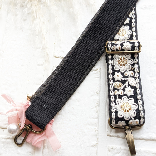 1点物☆インド刺繍リボンスマホ 鞄ショルダーストラップ♡ブラック 幅 