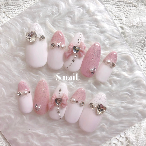 ネイルチップ ワンホン ツイード ガーリー リボン ビジュー