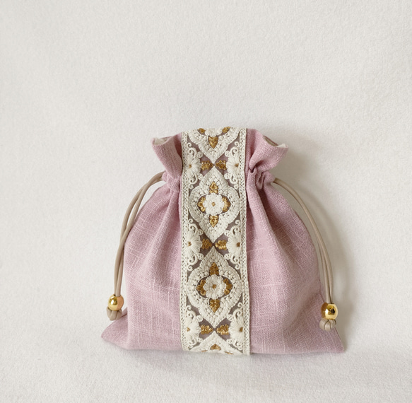 インド刺繍生地 くすみピンク 購入 3ルームフリルトート