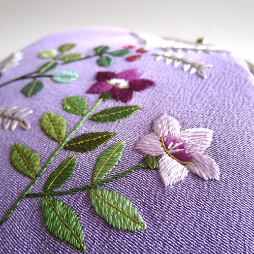 COACH がま口 ケース シグネチャー 花柄刺繍 ラベンダー レア 野の花 くすみ色 刺繍 がま口 ポーチ フレンチラベンダー