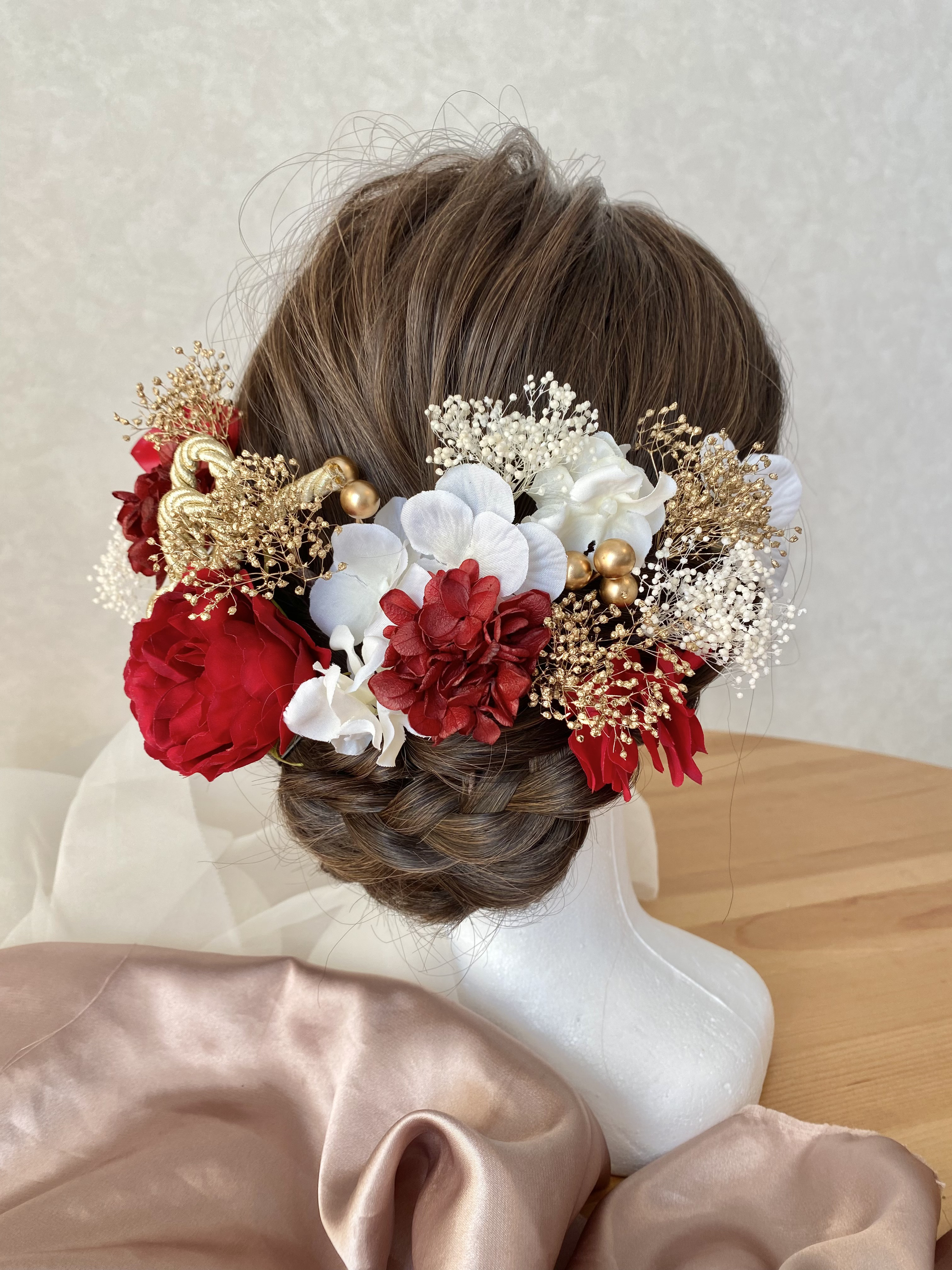 オールドローズレッド　髪飾り　成人式　卒業式　結婚式　振袖　袴　色打掛　和装　胡蝶蘭　赤　紅白　成人式髪飾り