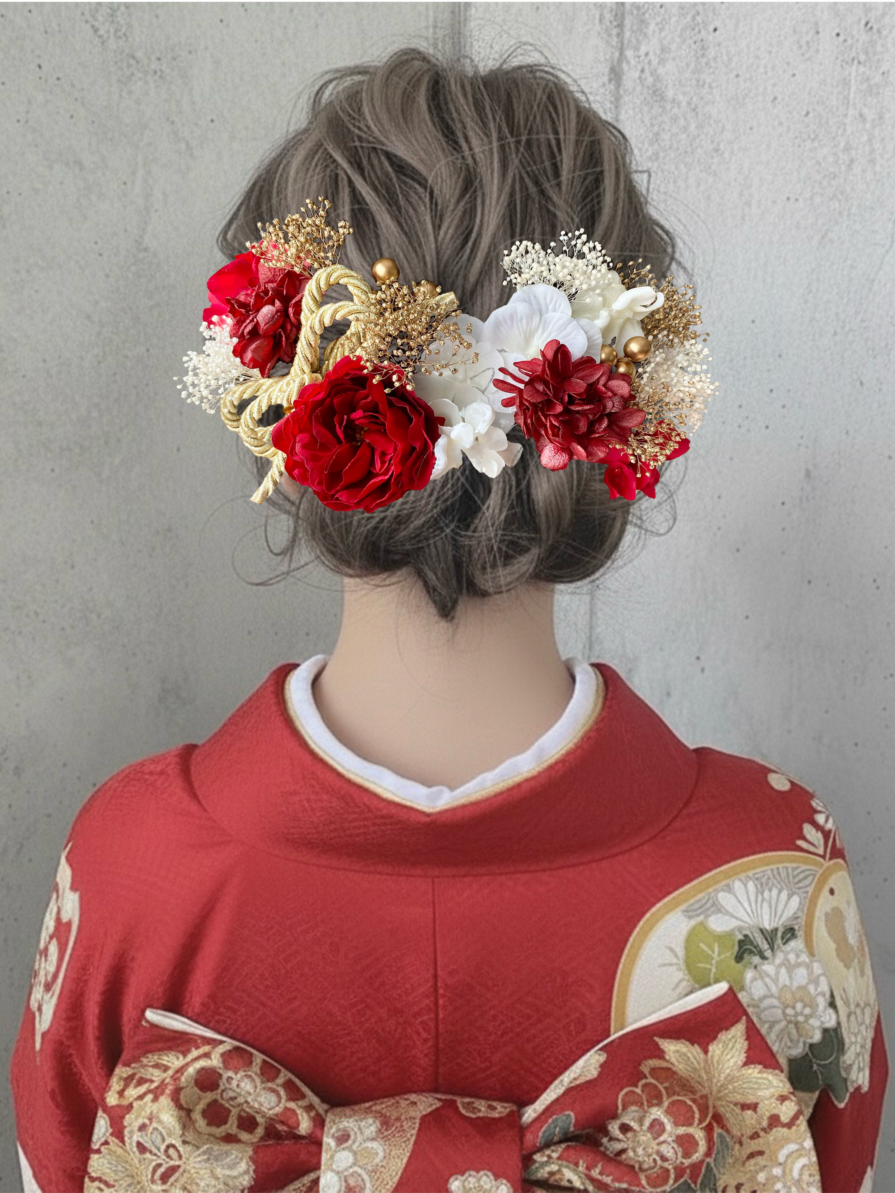 オールドローズレッド　髪飾り　成人式　卒業式　結婚式　振袖　袴　色打掛　和装　胡蝶蘭　赤　紅白　成人式髪飾り