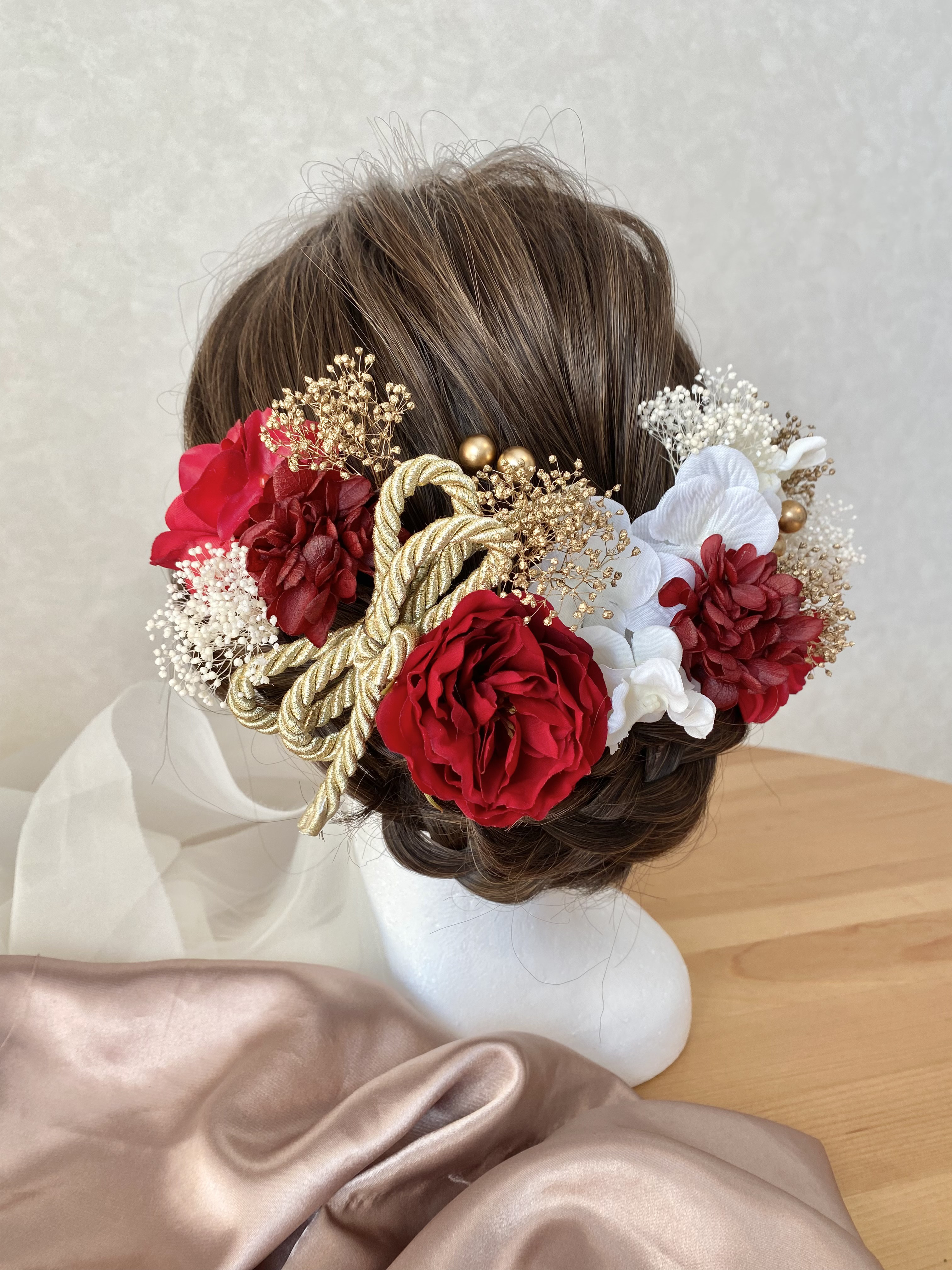 オールドローズレッド　髪飾り　成人式　卒業式　結婚式　振袖　袴　色打掛　和装　胡蝶蘭　赤　紅白　成人式髪飾り