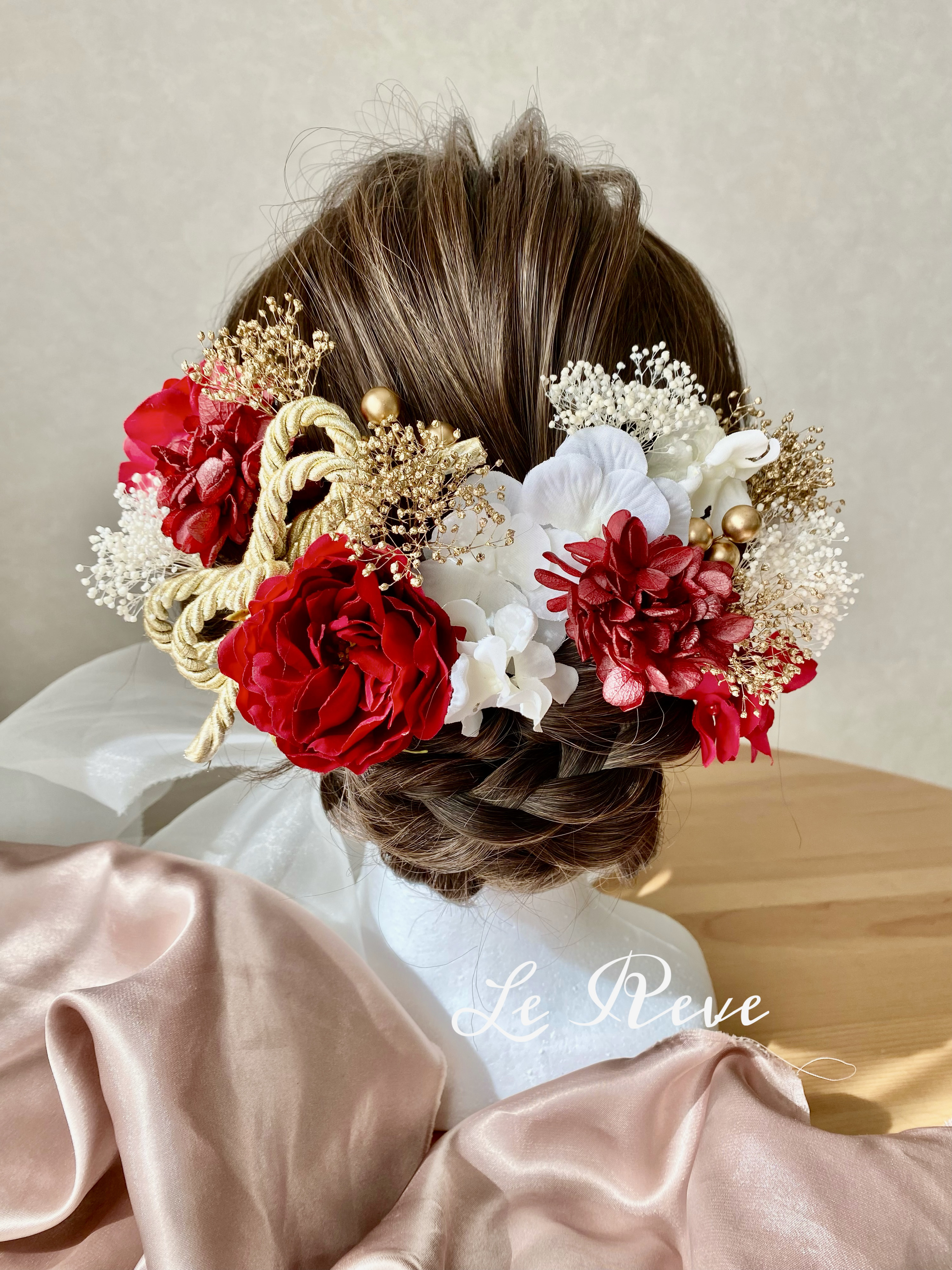 オールドローズレッド　髪飾り　成人式　卒業式　結婚式　振袖　袴　色打掛　和装　胡蝶蘭　赤　紅白　成人式髪飾り