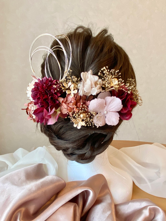 成人式　卒業式　結婚式　ワインレッド×ニュアンスピンク髪飾り 3枚目の画像