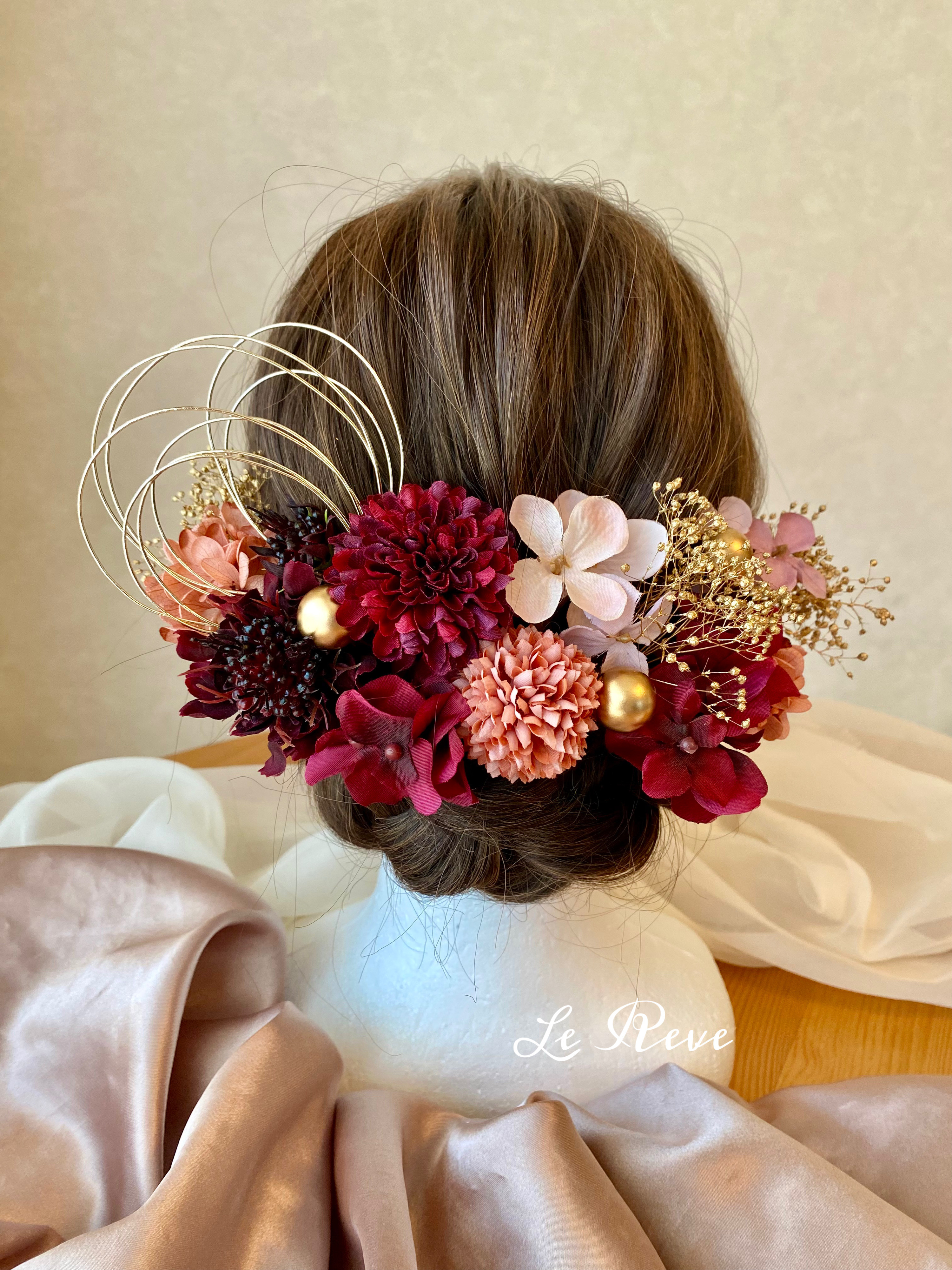 成人式　卒業式　結婚式　ワインレッド×ニュアンスピンク髪飾り　振袖　袴　色打掛　和装　着物　花嫁　前撮りヘッドドレス赤