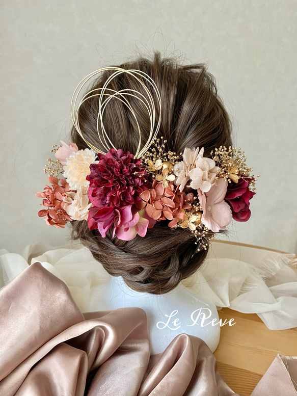 成人式　卒業式　結婚式　ワインレッド×ニュアンスピンク髪飾り 1枚目の画像