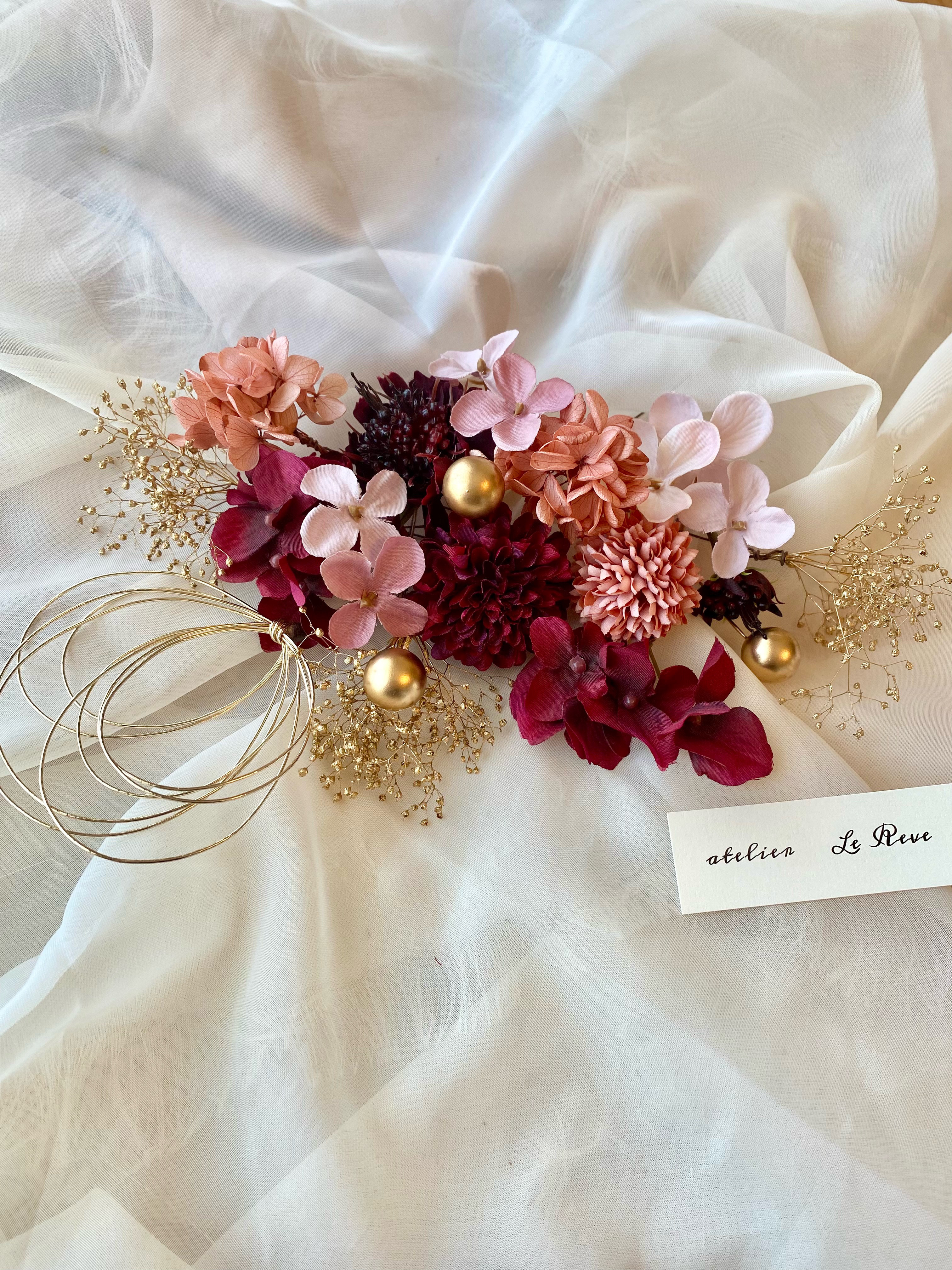 成人式　卒業式　結婚式　ワインレッド×ニュアンスピンク髪飾り　振袖　袴　色打掛　和装　着物　花嫁　前撮りヘッドドレス赤