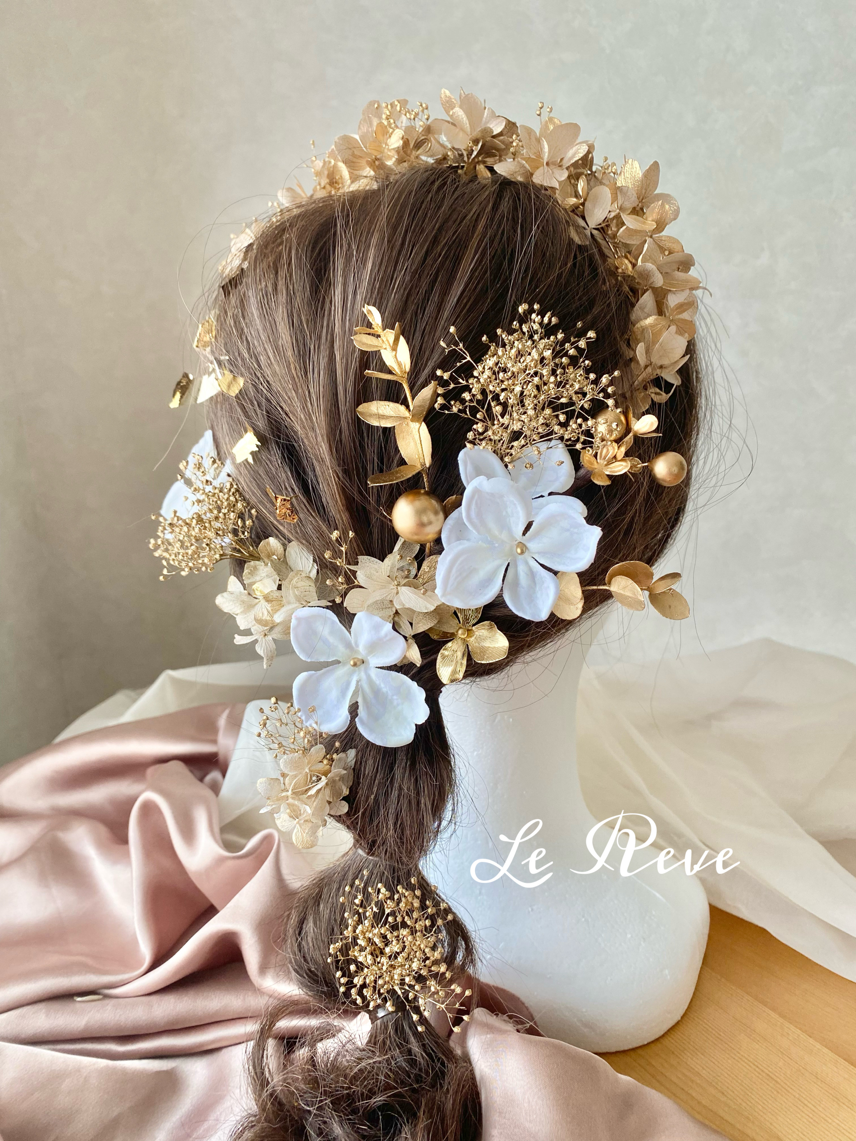 成人式　髪飾り　結婚式　卒業式　シャンパンゴールドカチューシャ　ホワイト髪飾り　成人式用髪飾り　卒業式用髪飾り
