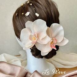 K01 結婚式　成人式　卒業式　ペールピンク胡蝶蘭×箔シート髪飾り 1枚目の画像