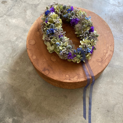 紫陽花とスモークツリーのオーバルリース リース 音の庭 ~dried flower 