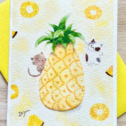 透明水彩画　2枚セット　ミニカード 「パイナップルと猫」ねこ　ネコ　フルーツ　果物　バースデーカード　暑中見舞い　 2枚目の画像