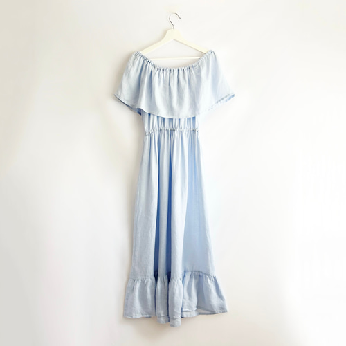 リネンオフショルダーワンピース マキシ丈 ライトブルー