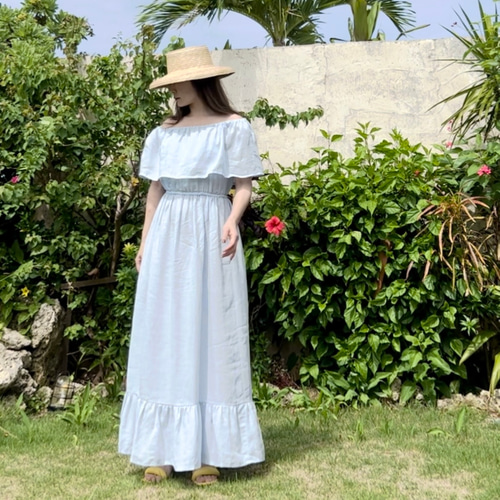 NILI LOTAN ワンショルダー マキシワンピース【関税なし】 リネンオフショルダーワンピース マキシ丈 ライトブルー