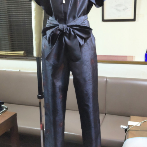 パンツスーツ 着物リメイク 和柄 紬に大島紬 和装トップス＆裾