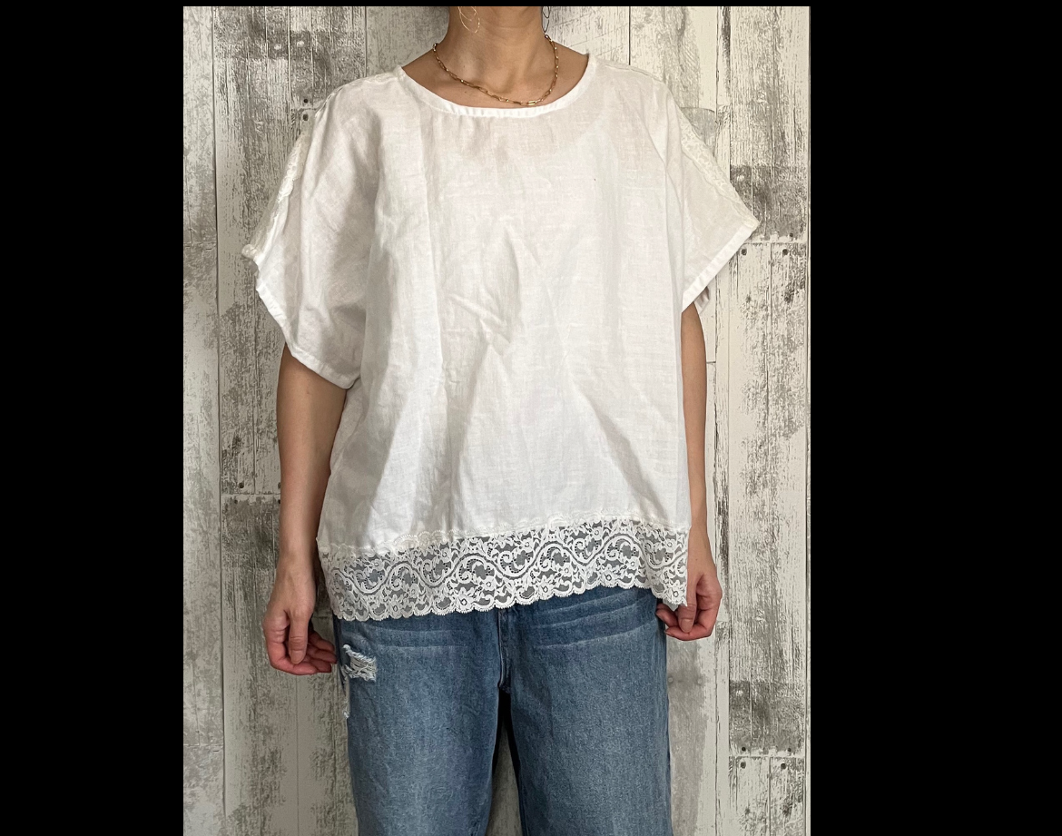 夏ふんわり裾レース白ダブルガーゼブラウス