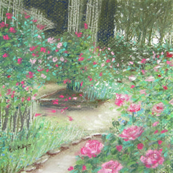 パステル画　薔薇の咲く風景（Creema限定　原画　額付） 2枚目の画像