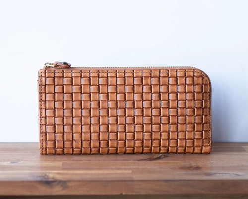エンボスメッシュレザー 薄い L字ファスナー長財布 編み込み キャメル
