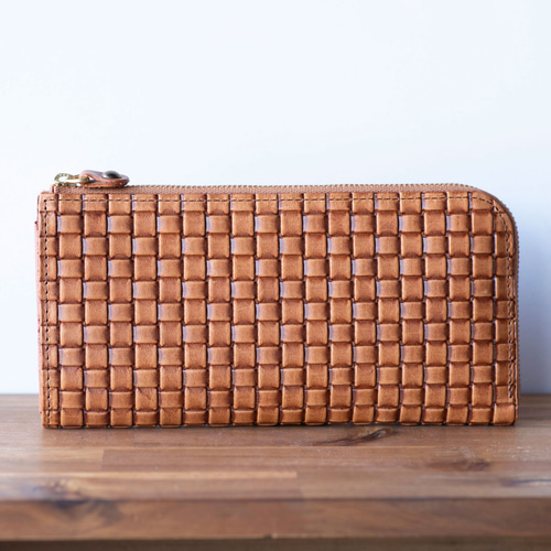エンボスメッシュレザー 薄い L字ファスナー長財布 編み込み キャメル