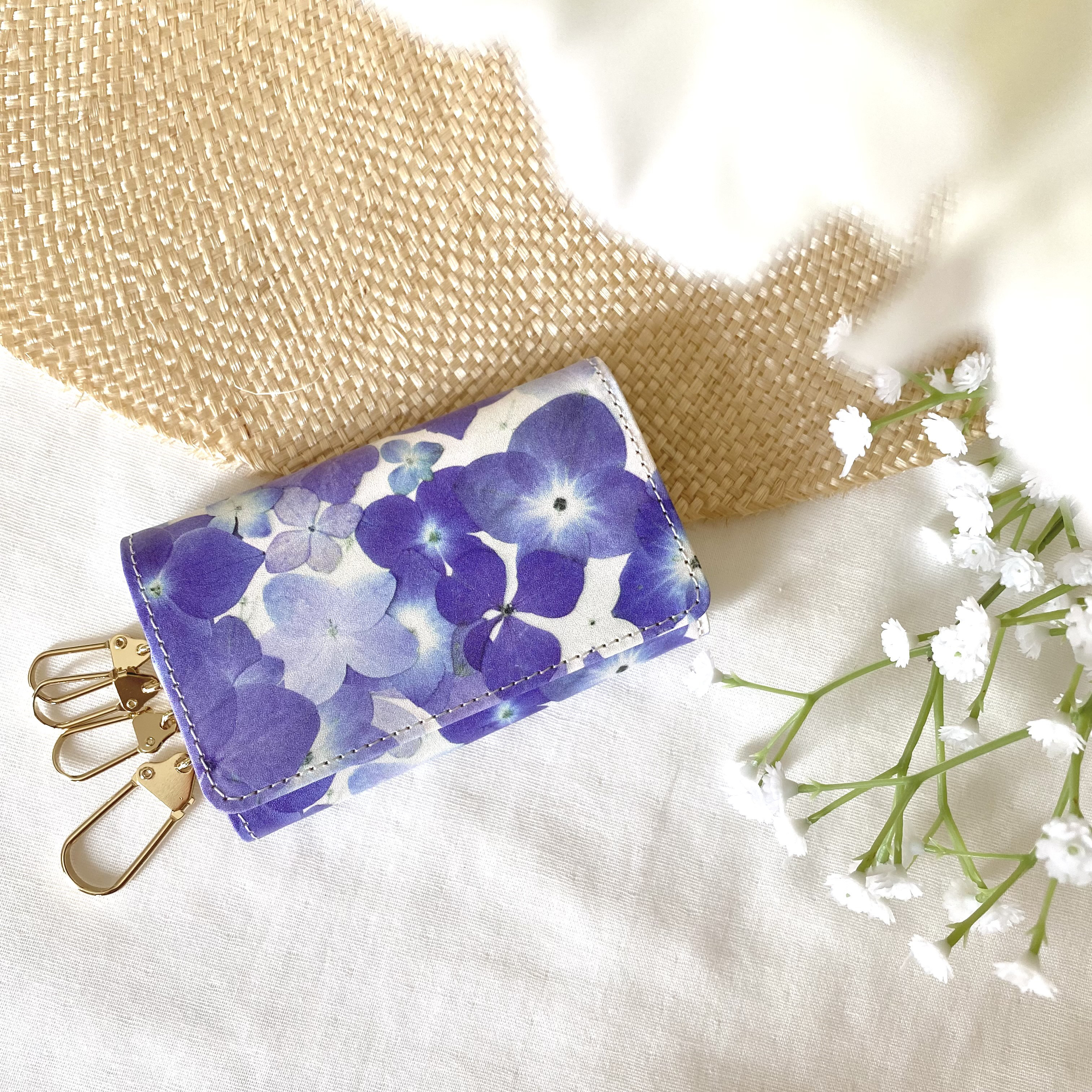 『むらさき紫陽花柄』押し花レザーキーケース【10日以内に発送】 12,000円