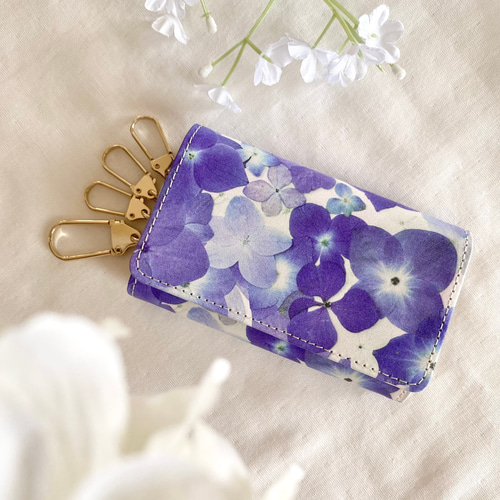 むらさき紫陽花柄』押し花レザーキーケース【10日以内に発送】 キー