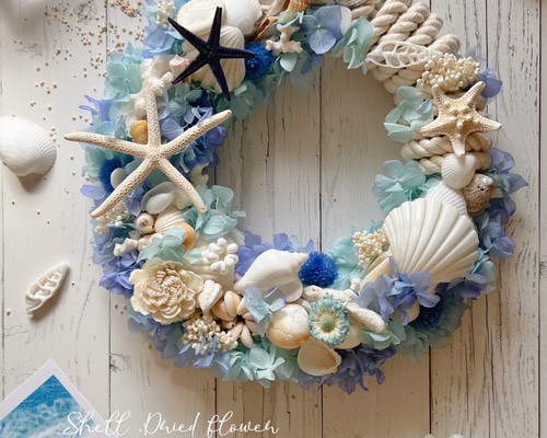 鮮やかなマリンブルー 貝殻リース プリザーブド サマーウェディング