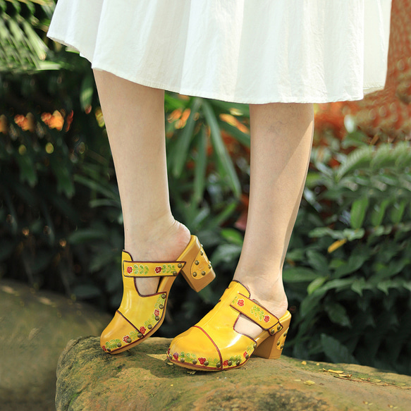 女式真皮鞋獨特鞋涼鞋拖鞋高跟鞋黃色 23 厘米-26 厘米 #761⭐免運費⭐ 第1張的照片