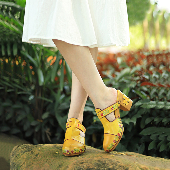 女式真皮鞋獨特鞋涼鞋拖鞋高跟鞋黃色 23 厘米-26 厘米 #761⭐免運費⭐ 第4張的照片