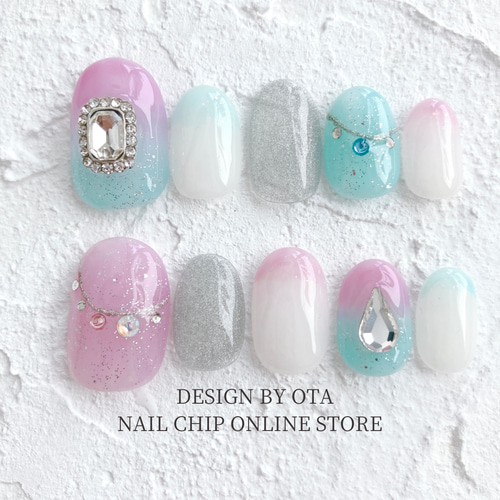 ネイルチップ 水色 宝石ネイル グラデーションネイル マグネットネイル  