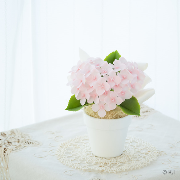 【受注】ハート形紫陽花　ベビーピンク　白い素焼き鉢 4枚目の画像