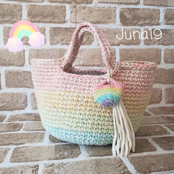 送料込◇《Mサイズ》パステルレインボー 麻ひもかごバッグ 麻紐引き  