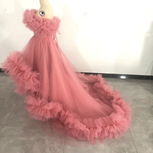 豪華！コーラルピンク カラードレス チュールスカート ベアトップ 花嫁  