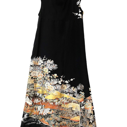 送料無料 着物 リメイク 留袖 純金 螺鈿箔 正絹 ロングドレス ショール