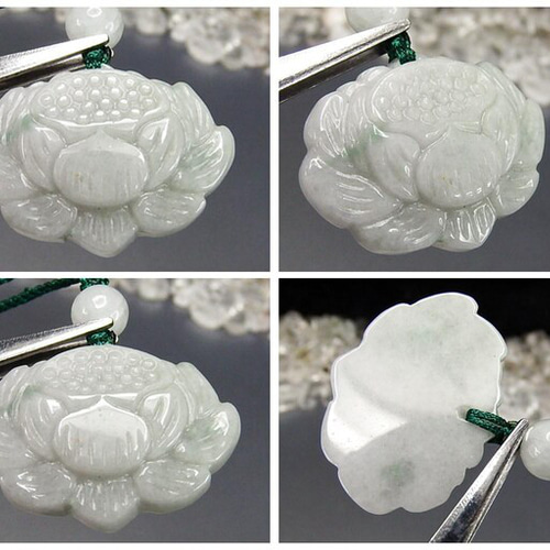 レア翡翠蓮の花彫りひすいジェダイト天然石ペンダント緑紐ネックレス