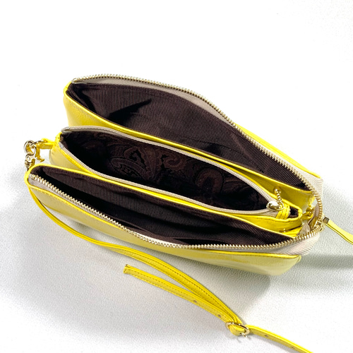 受注制作】綺麗なレモンイエローの三連ポーチ ショルダーバッグ yoh