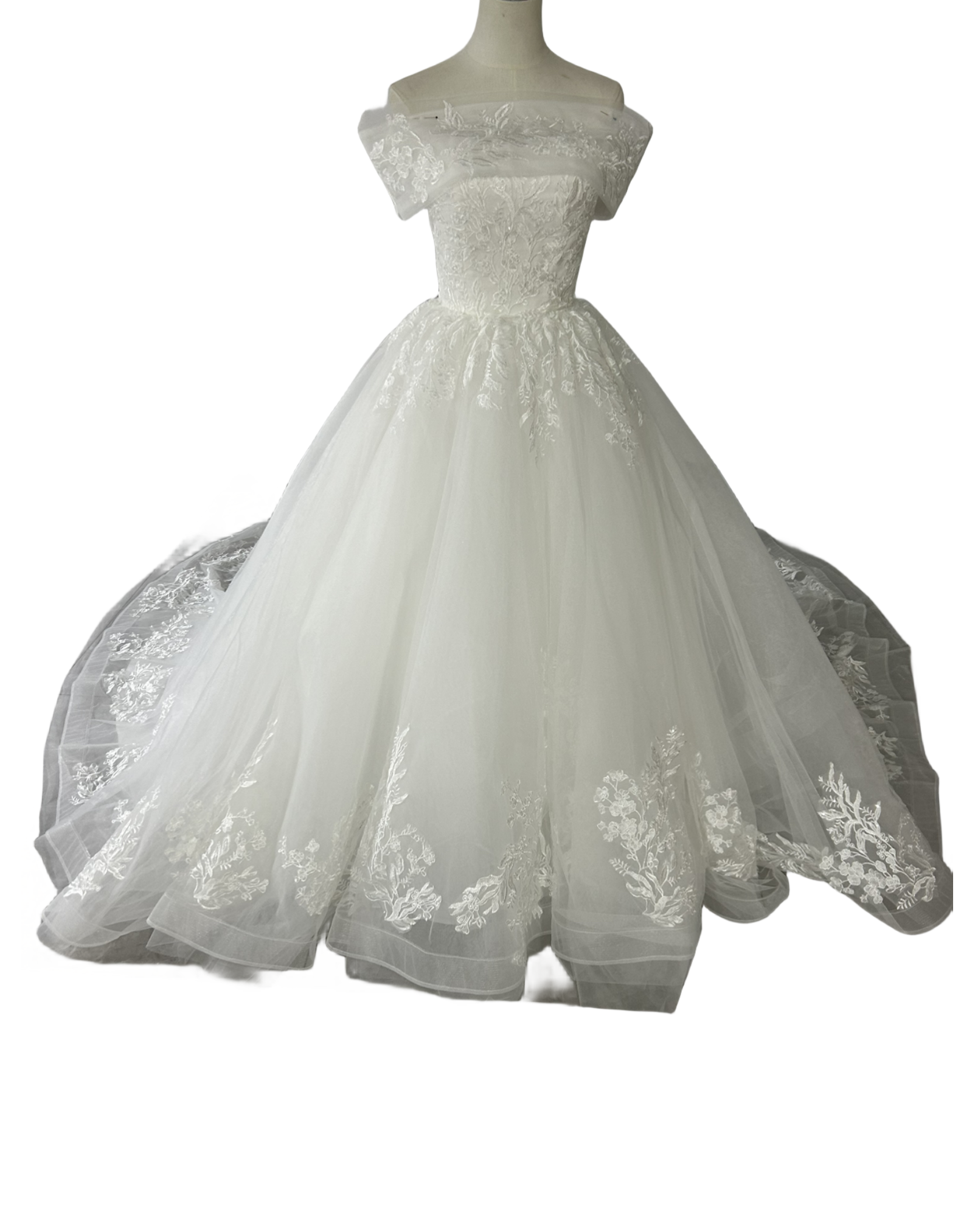 豪華！ウェディングドレス 取り外しオフショルダー 裾に繊細レースをあしらった 華やかなトレーン 披露宴/結婚式