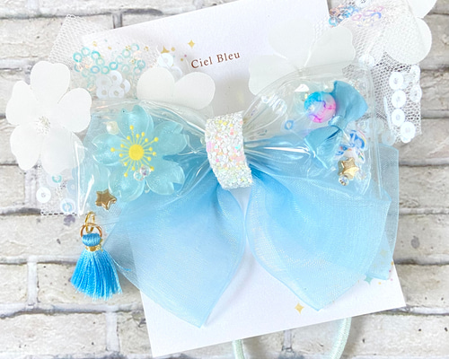 押し花うさぎのヘアゴム ライトブルー×パールブルー ハンドメイド レジン リボン クリアチュールリボン（狐花タッセル/ライトブルー）for キッズ