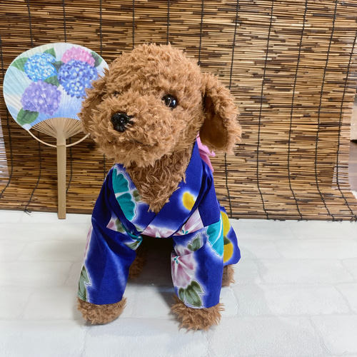 激安直営店 犬の浴衣✨犬用本格本染浴衣 ナス紺×朝顔・兎柄 わんこ浴衣 首輪・ハーネス・リード