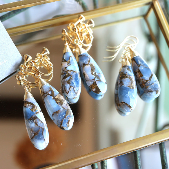 天然石！14kgf！コッパーブルーオパールのイヤリング×ピアス